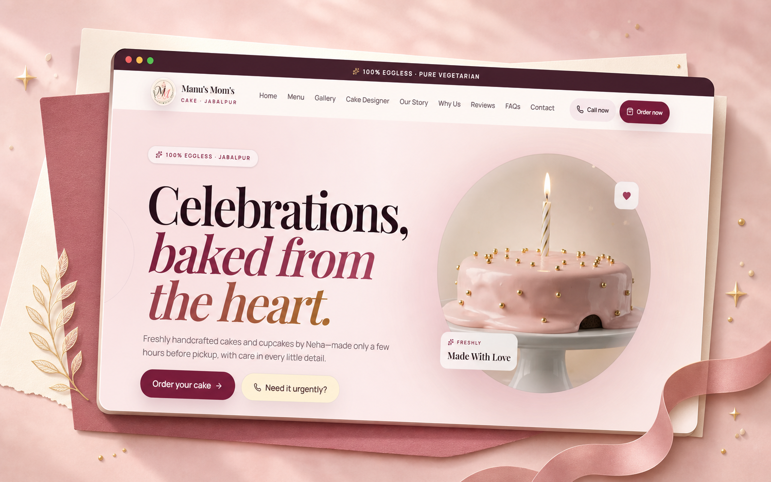 Manu's Mom's Cake premium bakery website presentation